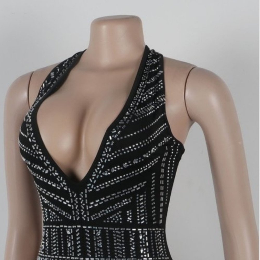 Holiday Party Black Embellished Beaded Romper V-Neck Halter Stretchy - Picture 9 of 15